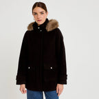 Manteau mi-long à capuche noir femme