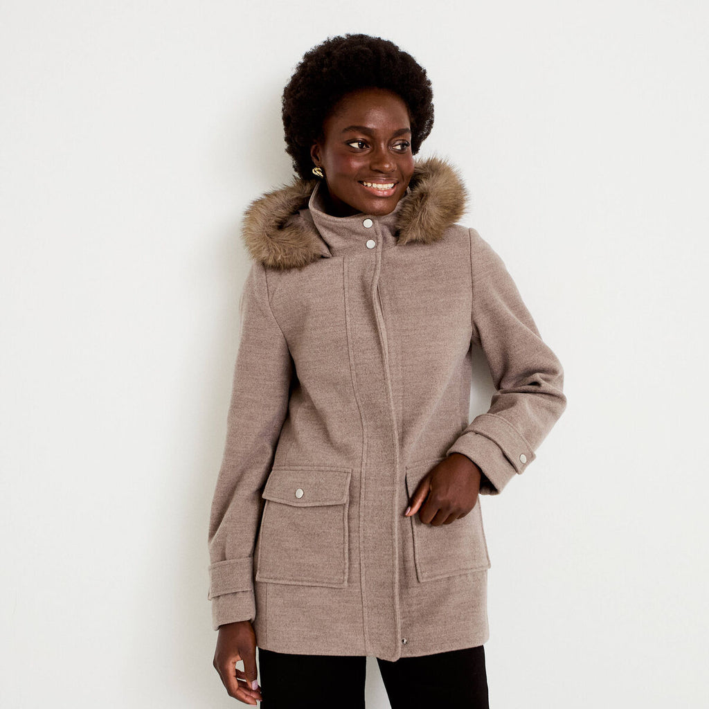 Manteau mi-long à capuche taupe femme