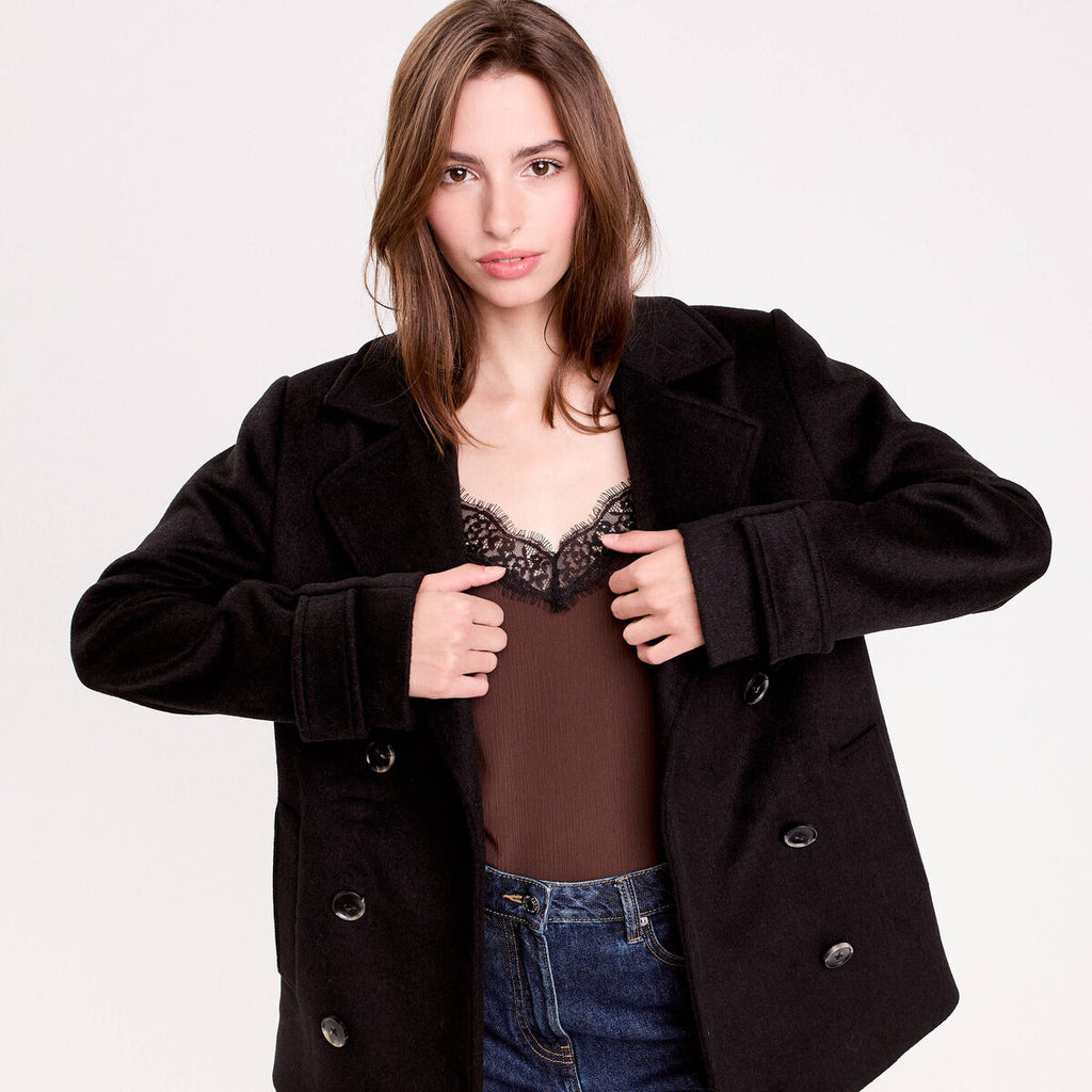 Caban col tailleur manches longues noir femme