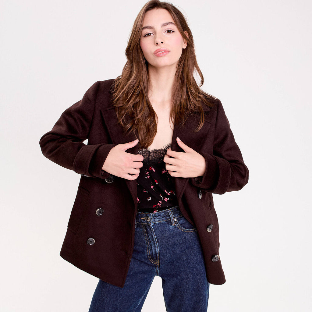 Caban col tailleur manches longues marron foncé femme
