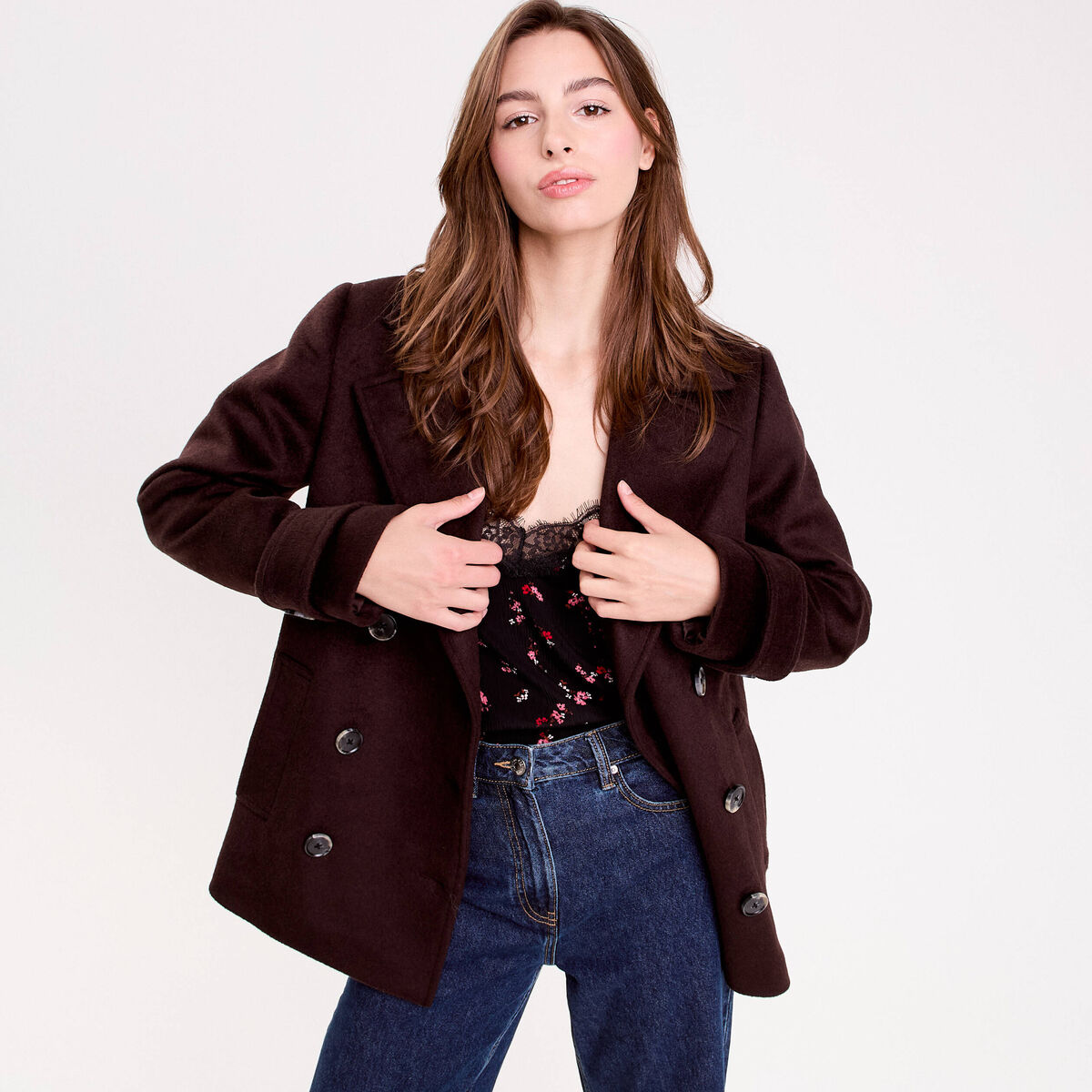 Caban col tailleur manches longues marron foncé femme