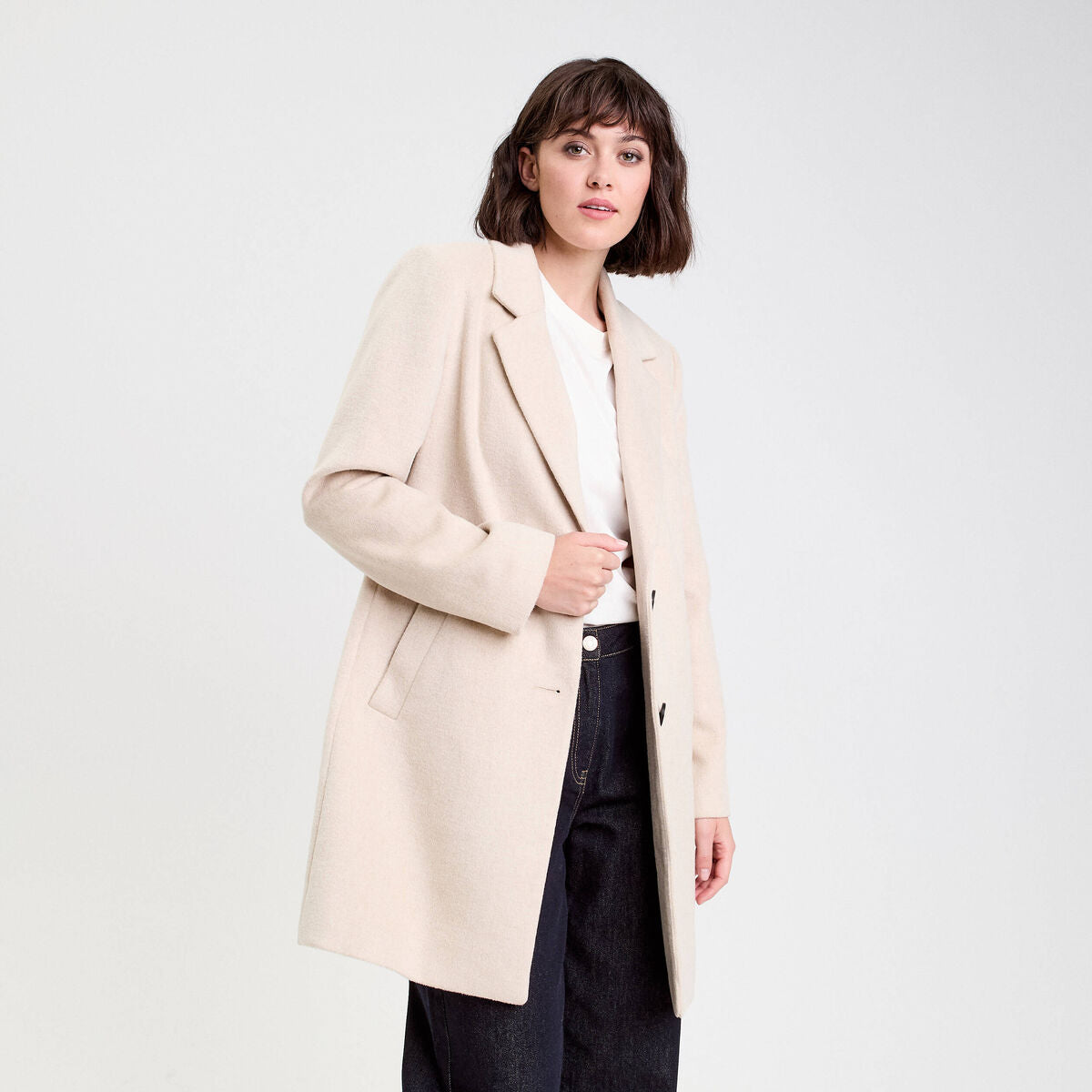 Manteau long boutonné beige femme