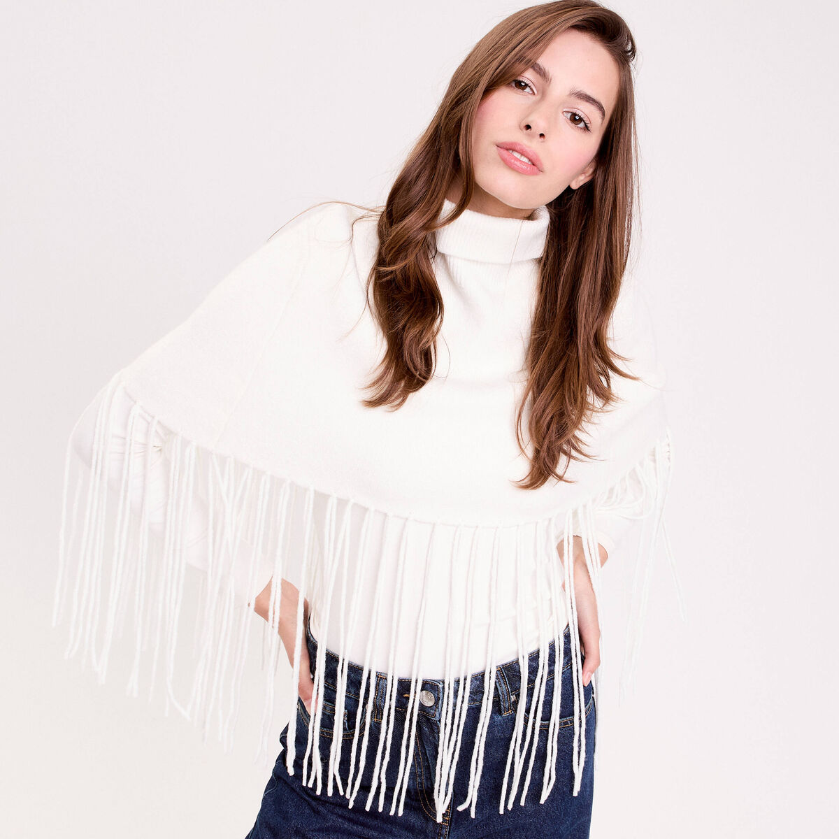 Poncho à franges ecru femme