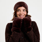 Set bandeau et gants fausse fourrure marron foncé femme