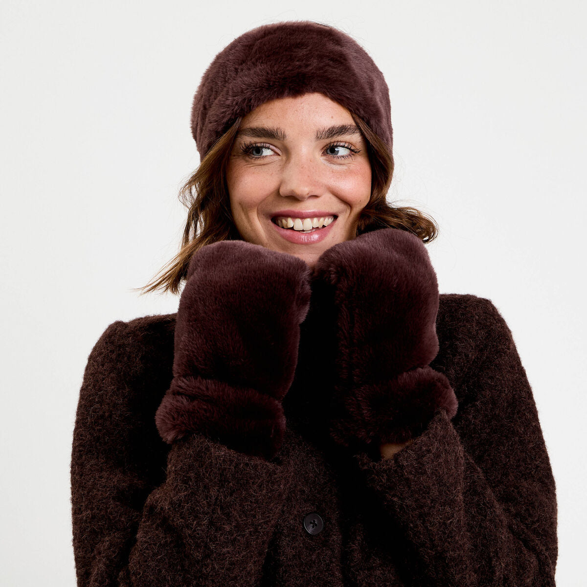Set bandeau et gants fausse fourrure marron foncé femme