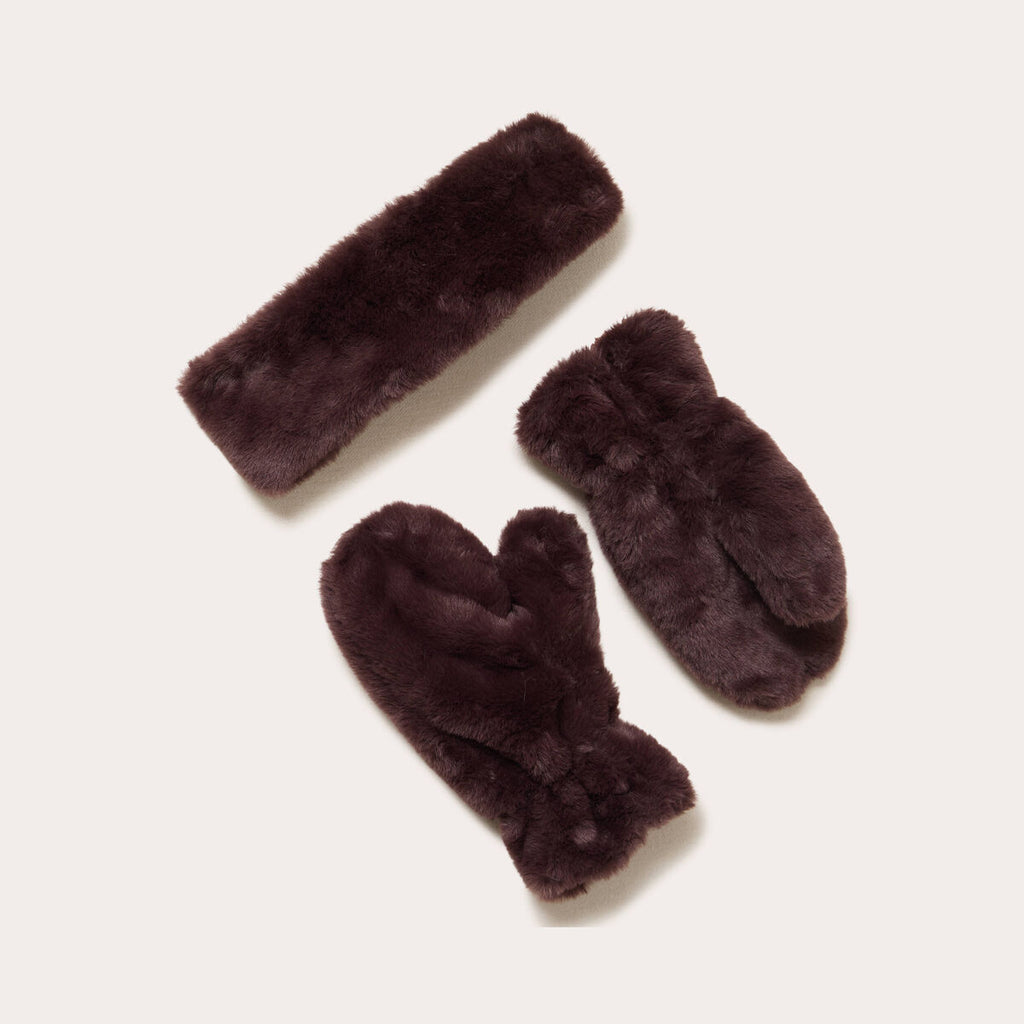 Set bandeau et gants fausse fourrure marron foncé femme