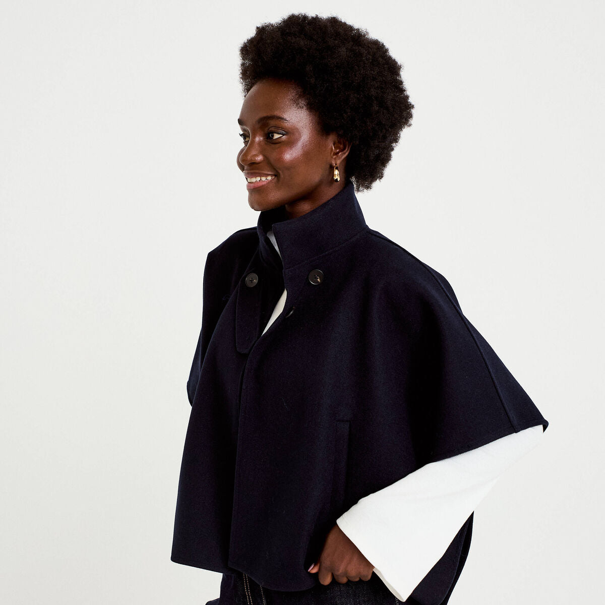 Poncho col américain bleu marine femme