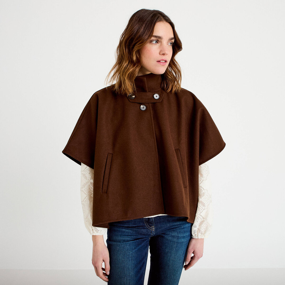 Poncho col américain marron foncé femme
