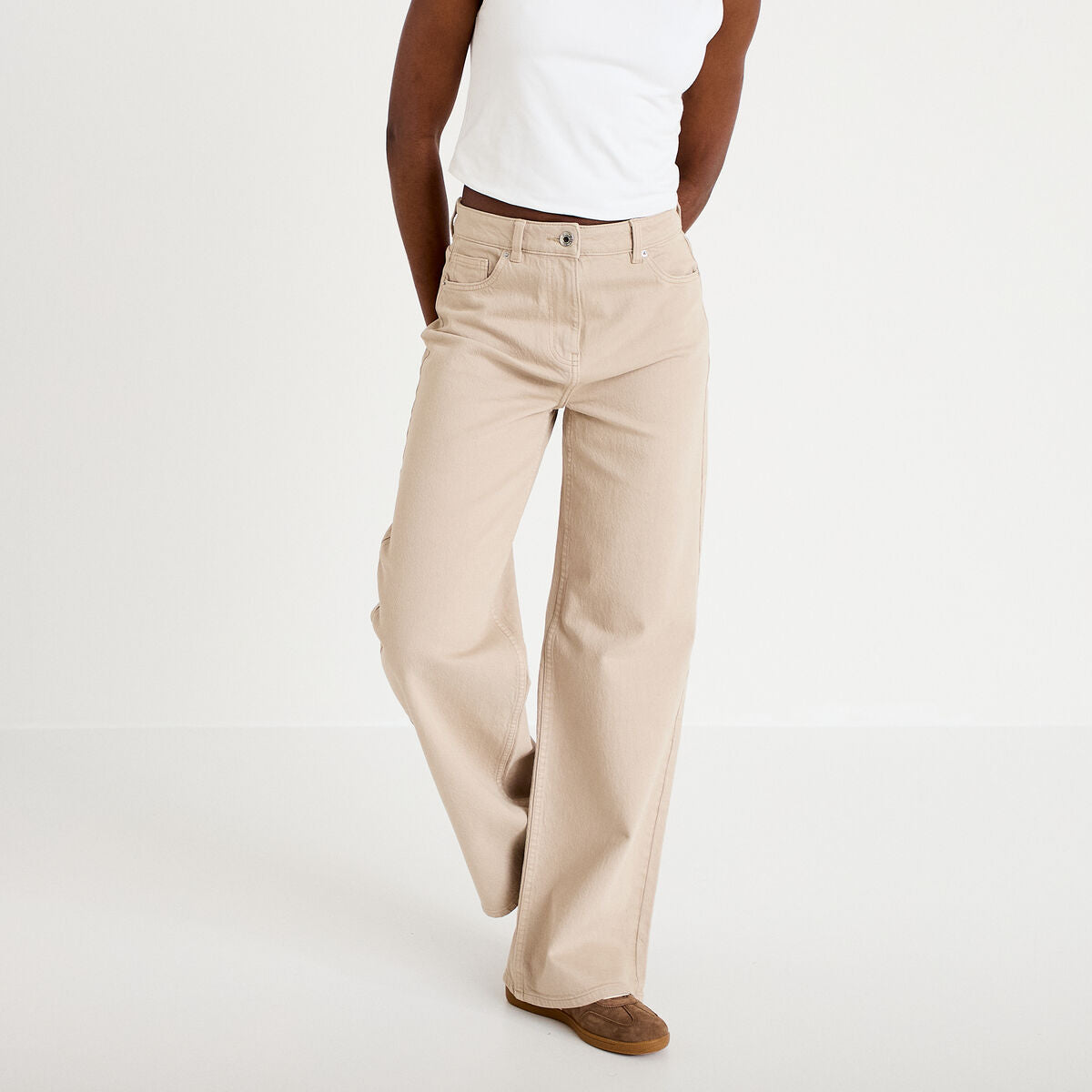 Jean wide leg taille haute beige femme