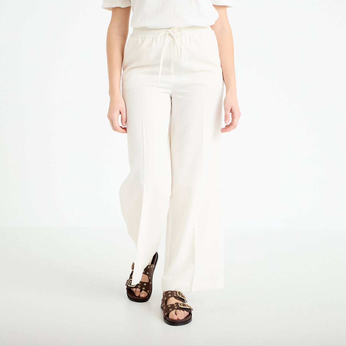 Pantalon large taille élastiquée ecru femme