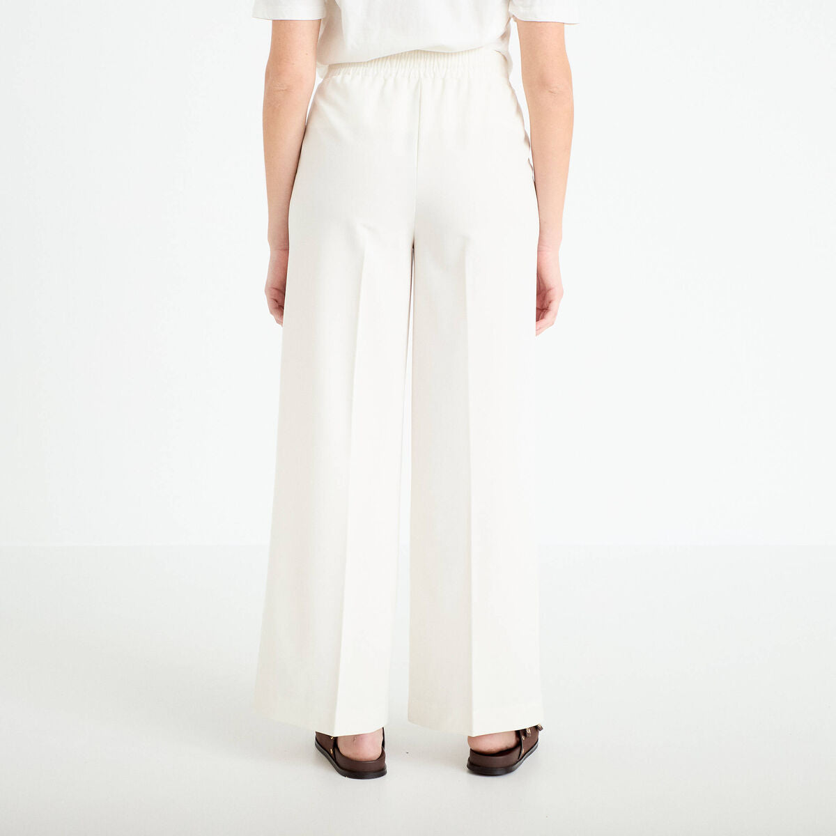 Pantalon large taille élastiquée ecru femme