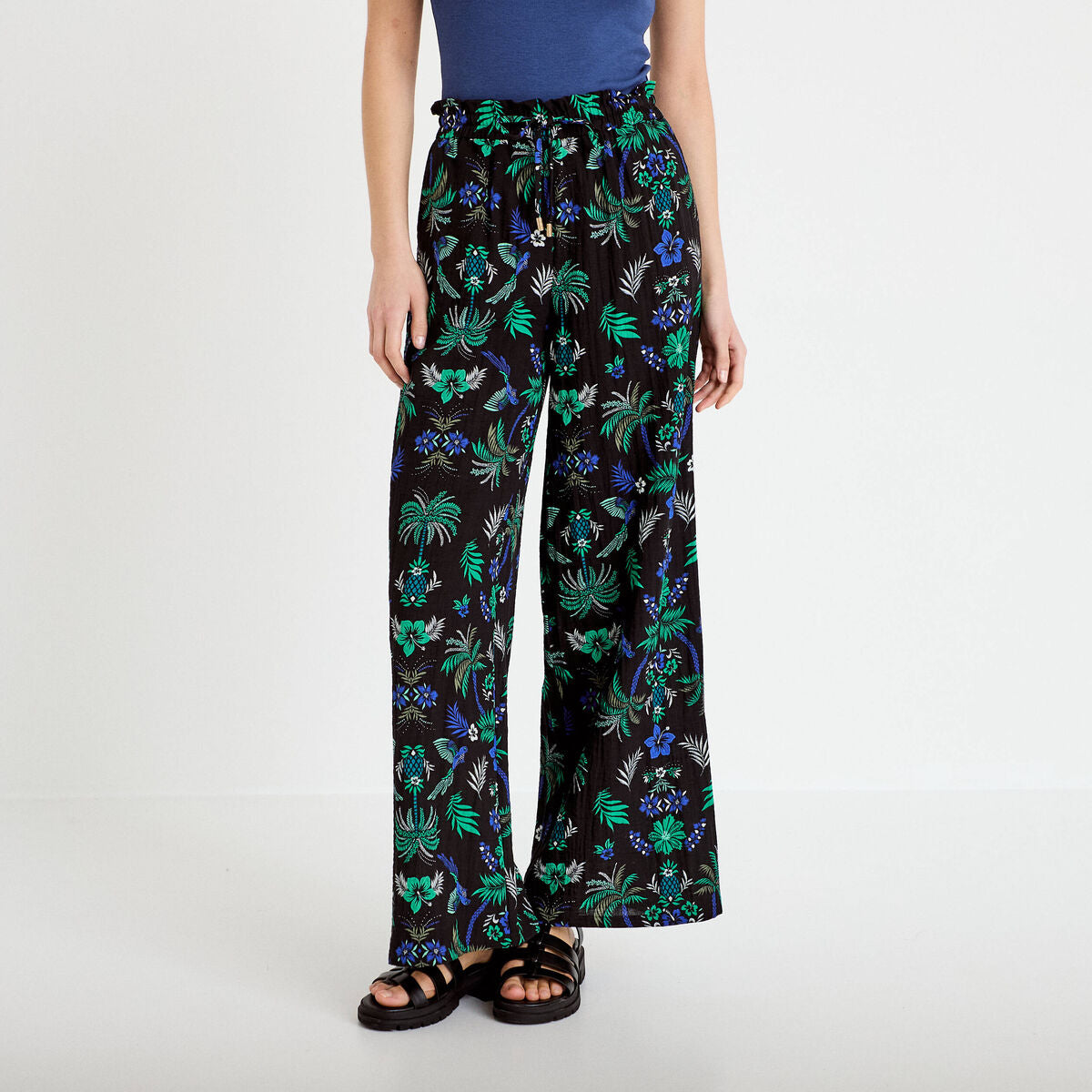 Pantalon large taille standard plissé noir femme