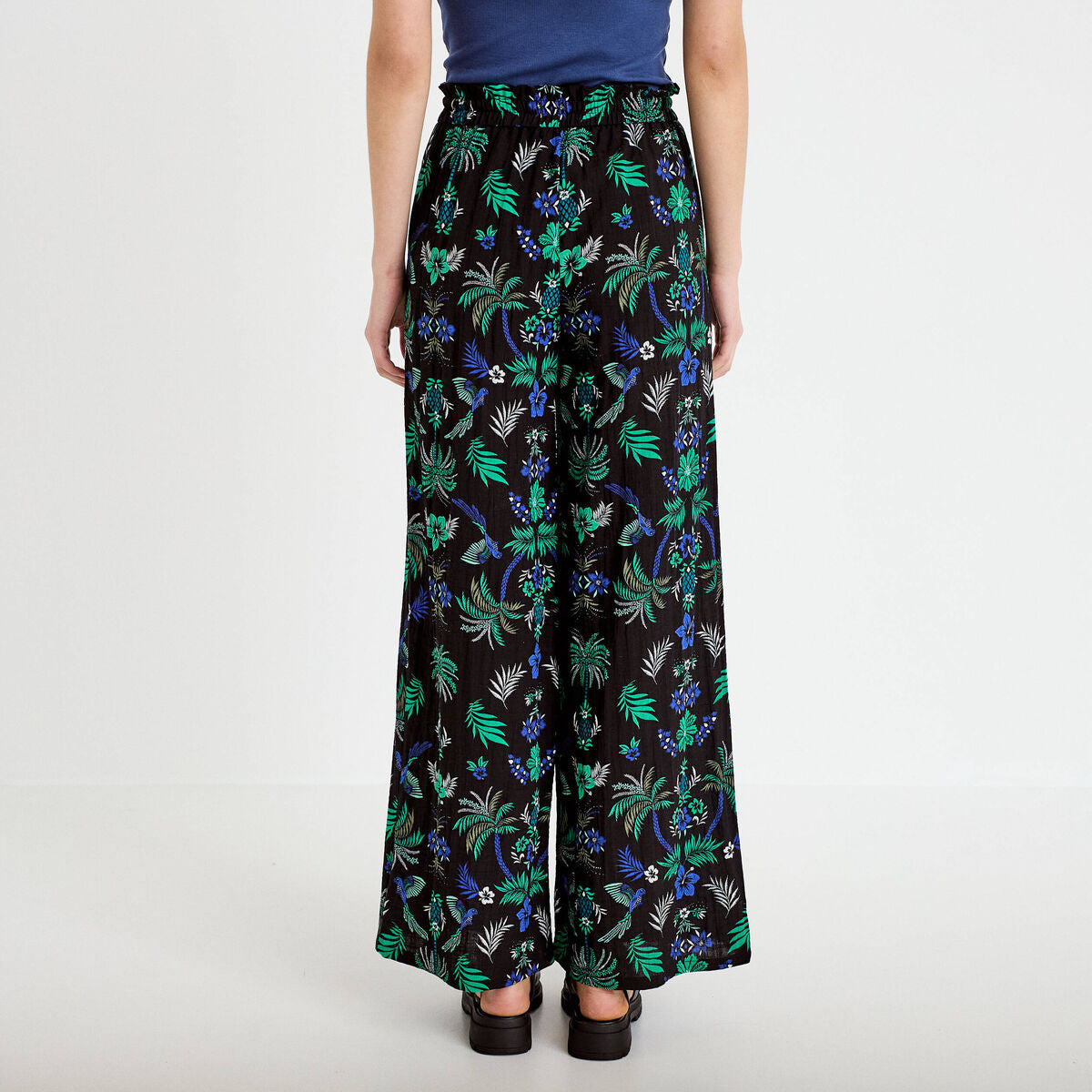 Pantalon large taille standard plissé noir femme