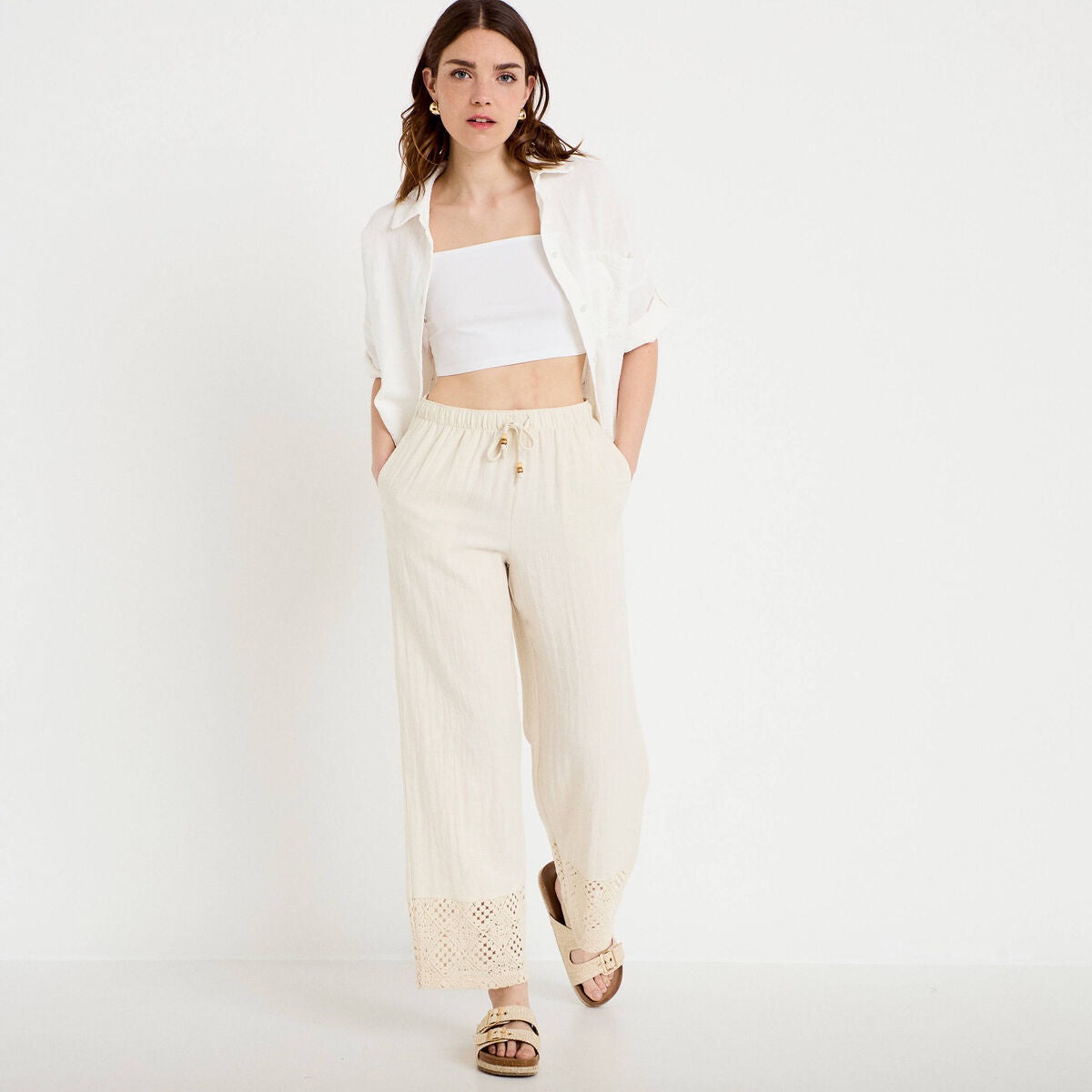 Pantalon large bi-matière plissé ecru femme