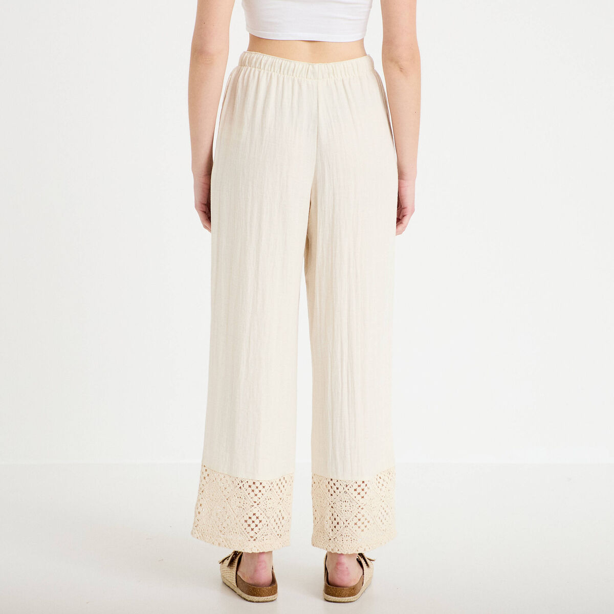 Pantalon large bi-matière plissé ecru femme