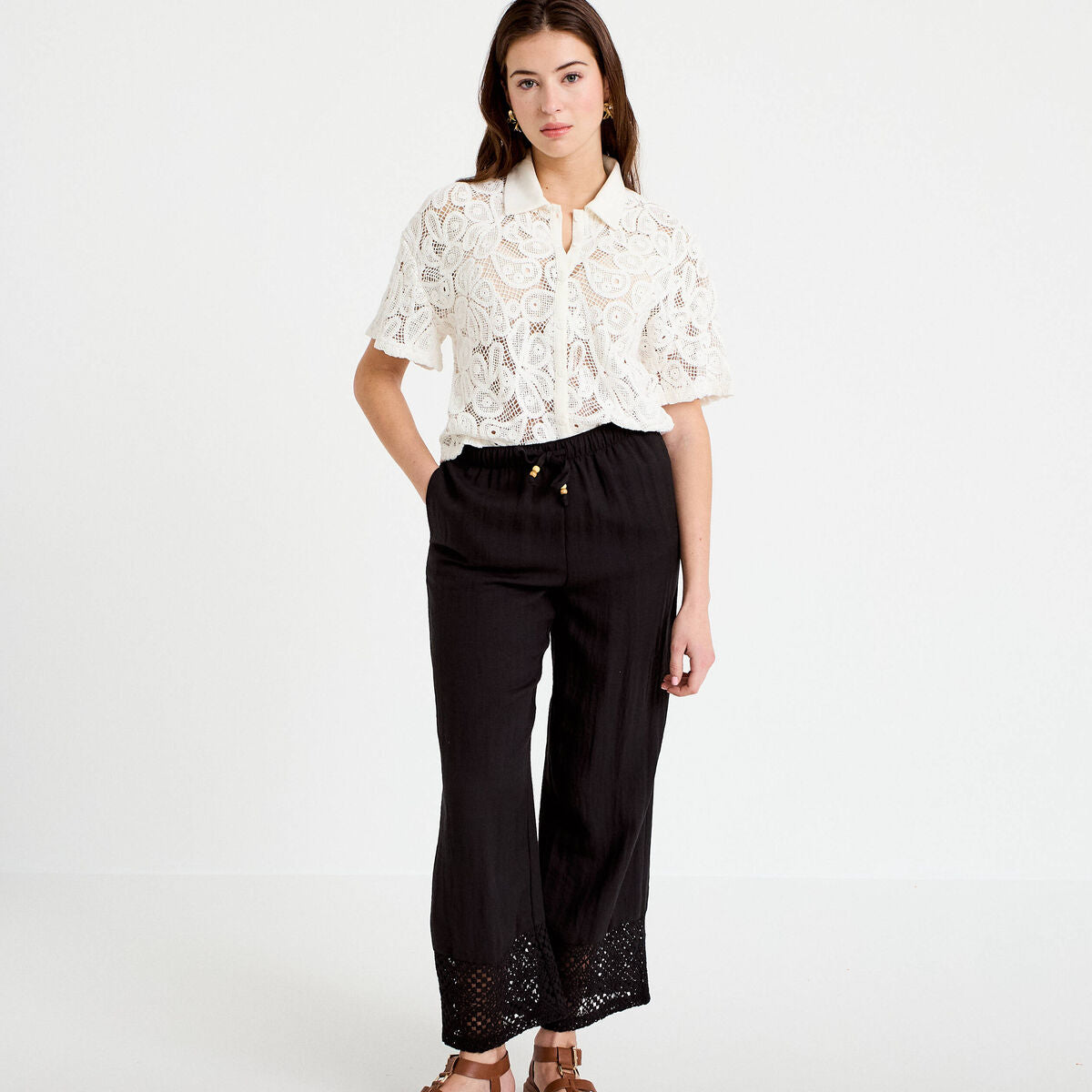 Pantalon large bi-matière plissé noir femme