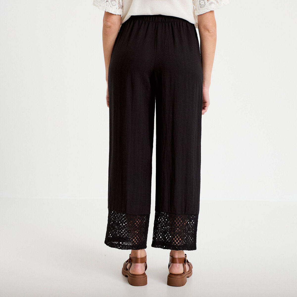 Pantalon large bi-matière plissé noir femme