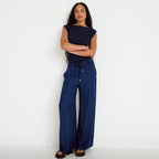 Pantalon large taille standard bleu marine femme