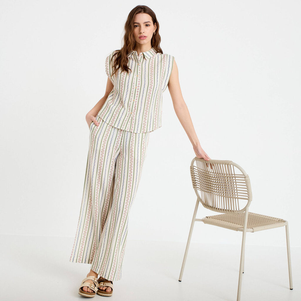 Pantalon large taille élastiquée beige femme