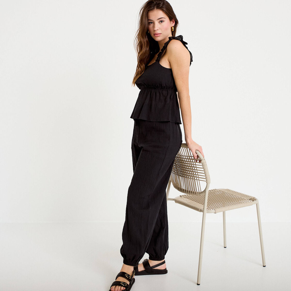 Pantalon large taille haute plissé noir femme