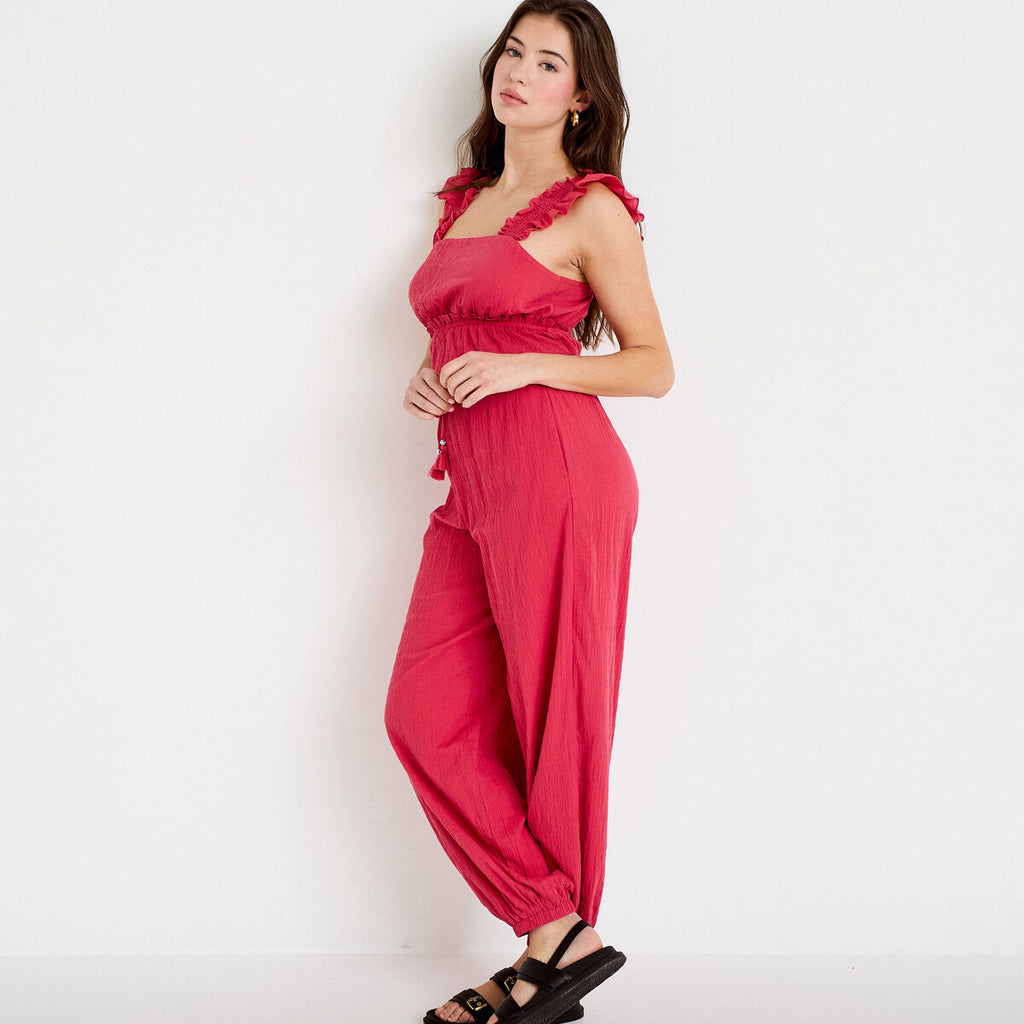Pantalon large taille haute plissé rose framboise femme