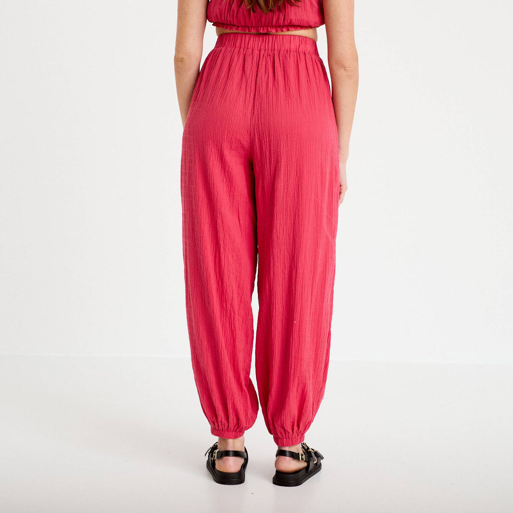 Pantalon large taille haute plissé rose framboise femme