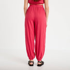 Pantalon large taille haute plissé rose framboise femme