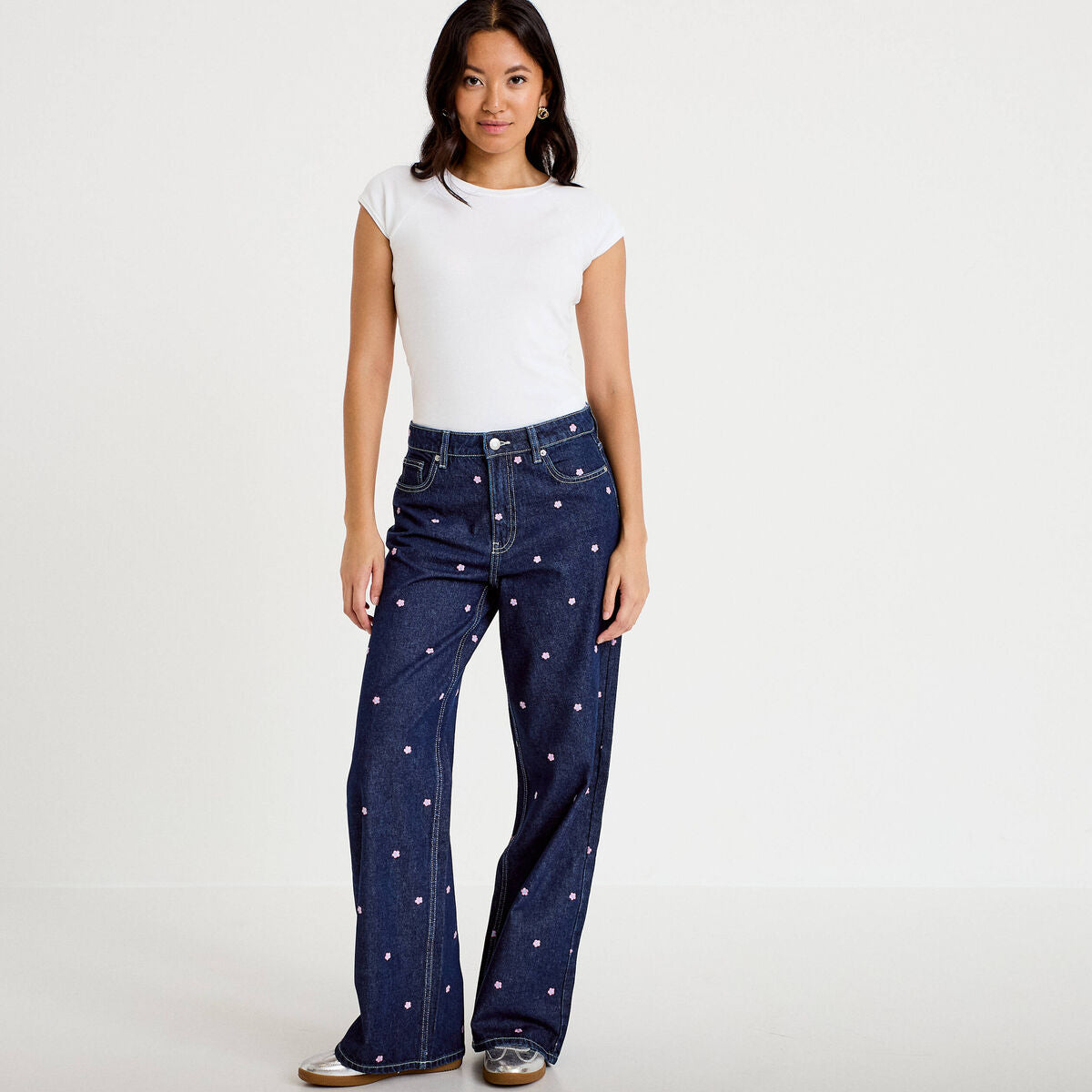 Jean wide leg taille haute brodé bleu foncé femme