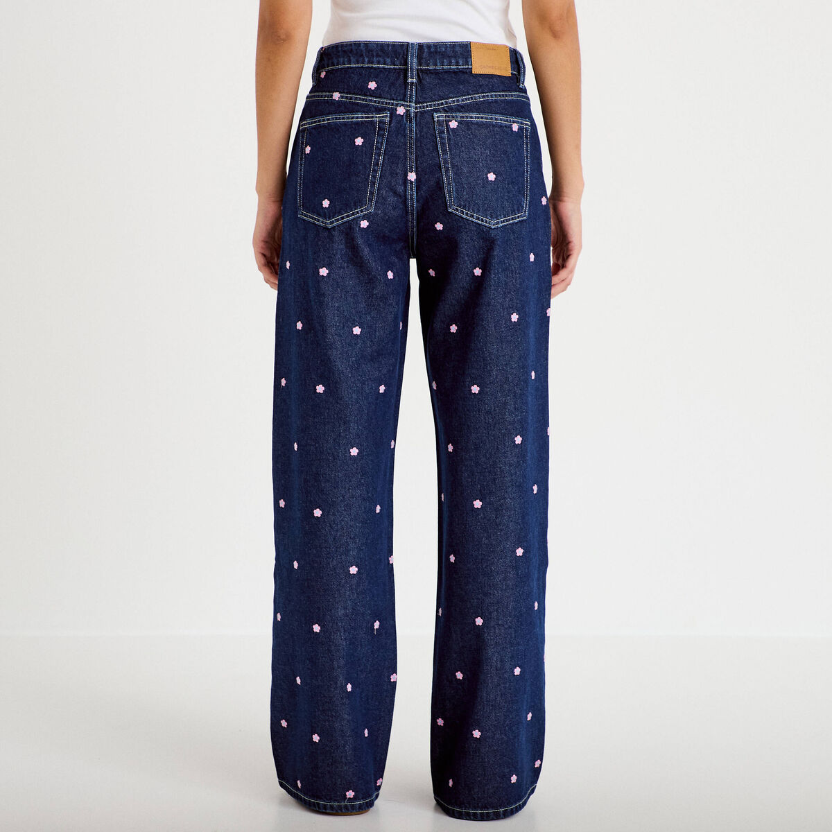 Jean wide leg taille haute brodé bleu foncé femme