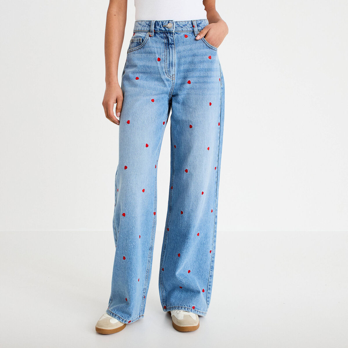 Jean wide leg taille haute brodé denim double stone femme