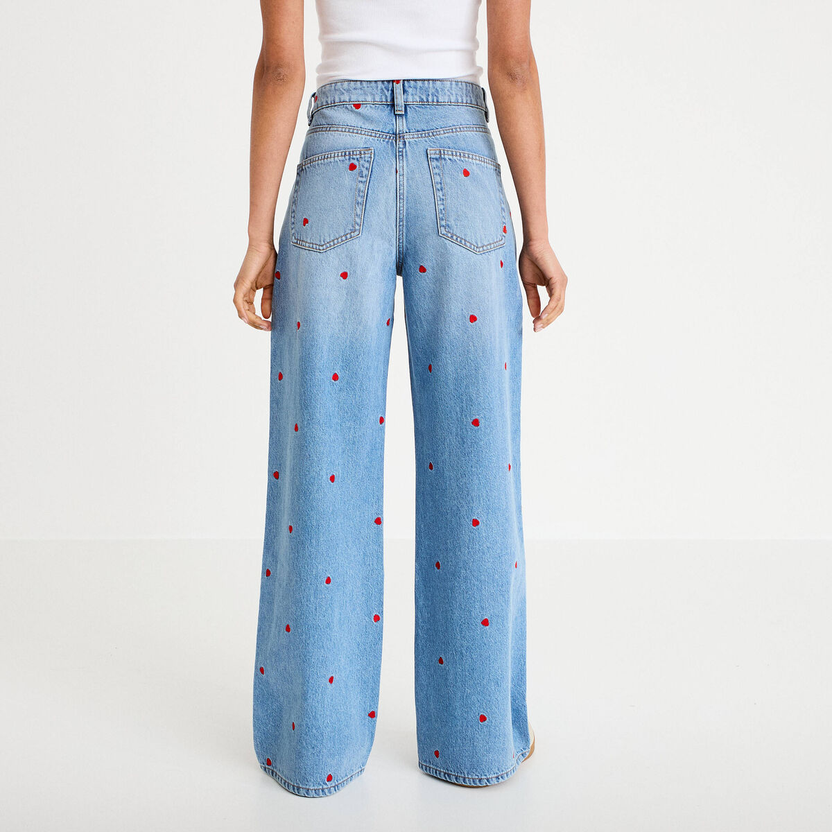 Jean wide leg taille haute brodé denim double stone femme
