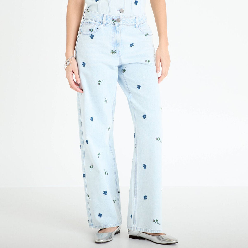 Jean wide leg brodé Bridgerton bleu clair femme