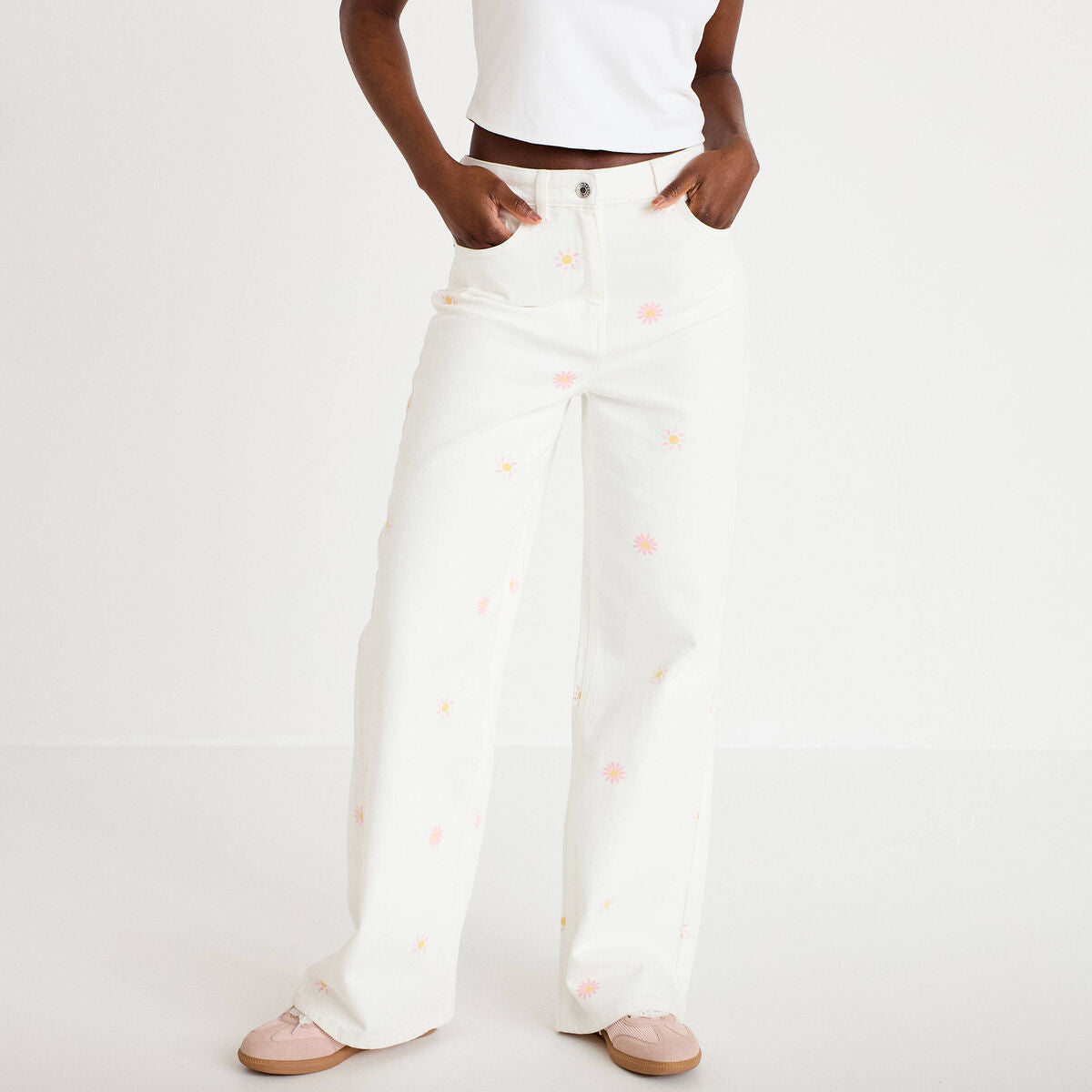 Jean wide leg taille haute à motif blanc femme