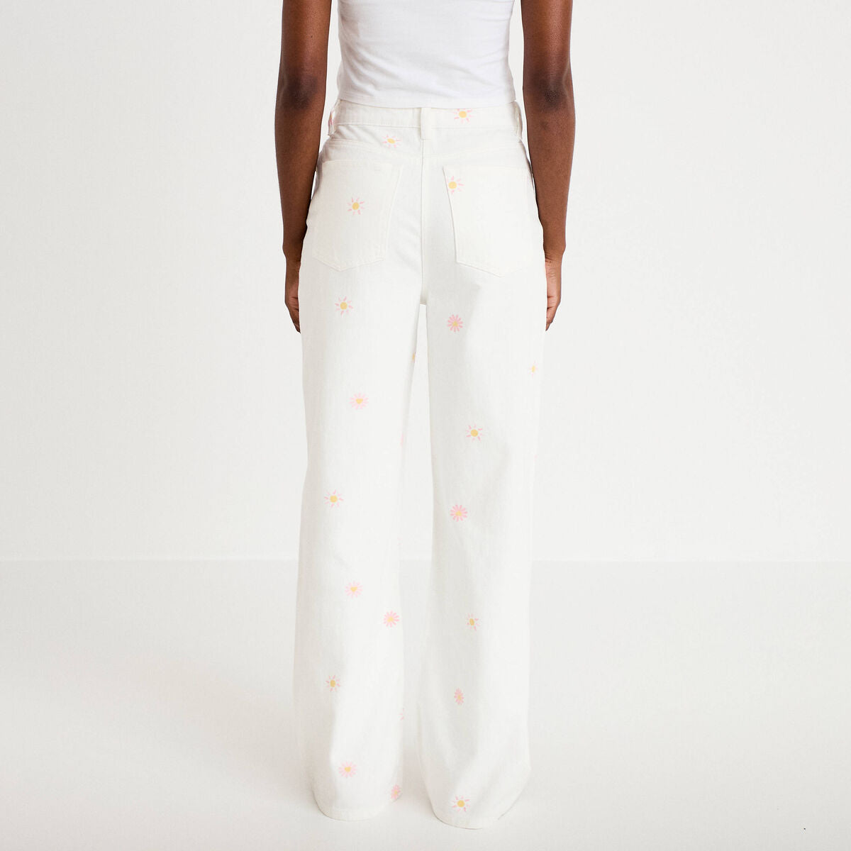Jean wide leg taille haute à motif blanc femme