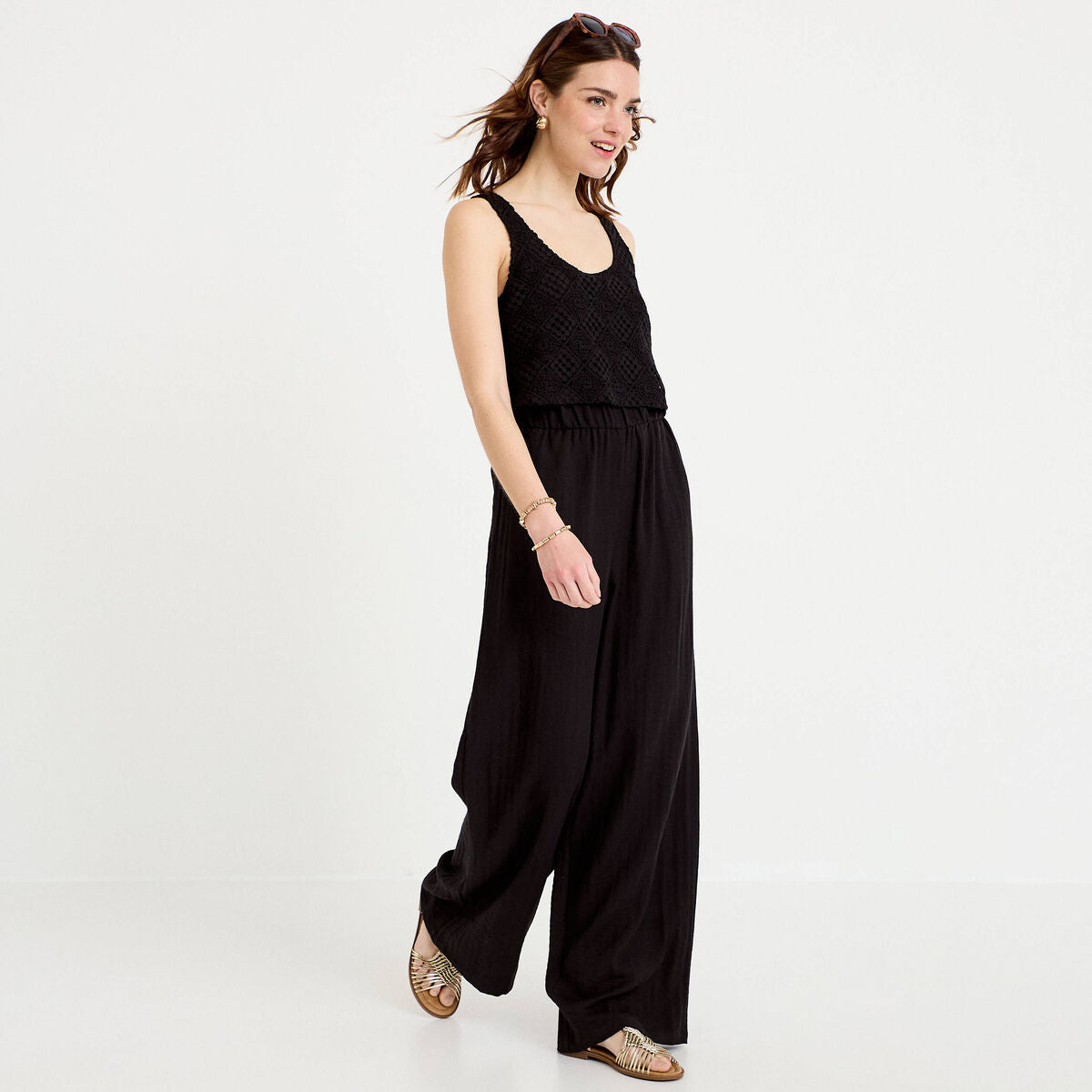 Combinaison bi-matière coupe large noir femme
