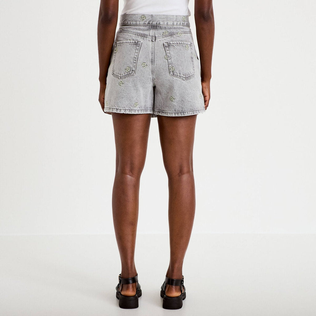 Jupe-short trapèze courte taille haute denim gris femme