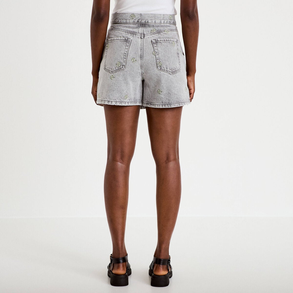 Jupe-short trapèze courte taille haute denim gris femme