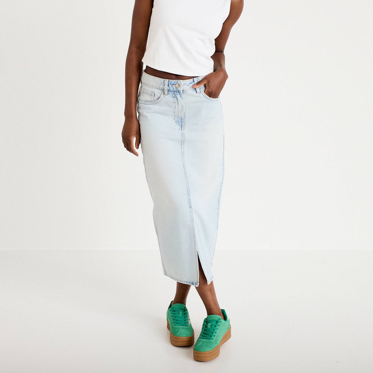 Jupe droite midi en jean 5 poches denim bleach femme