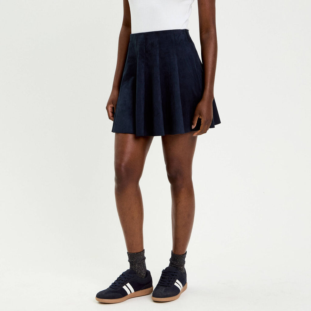 Jupe courte évasée aspect daim bleu marine femme