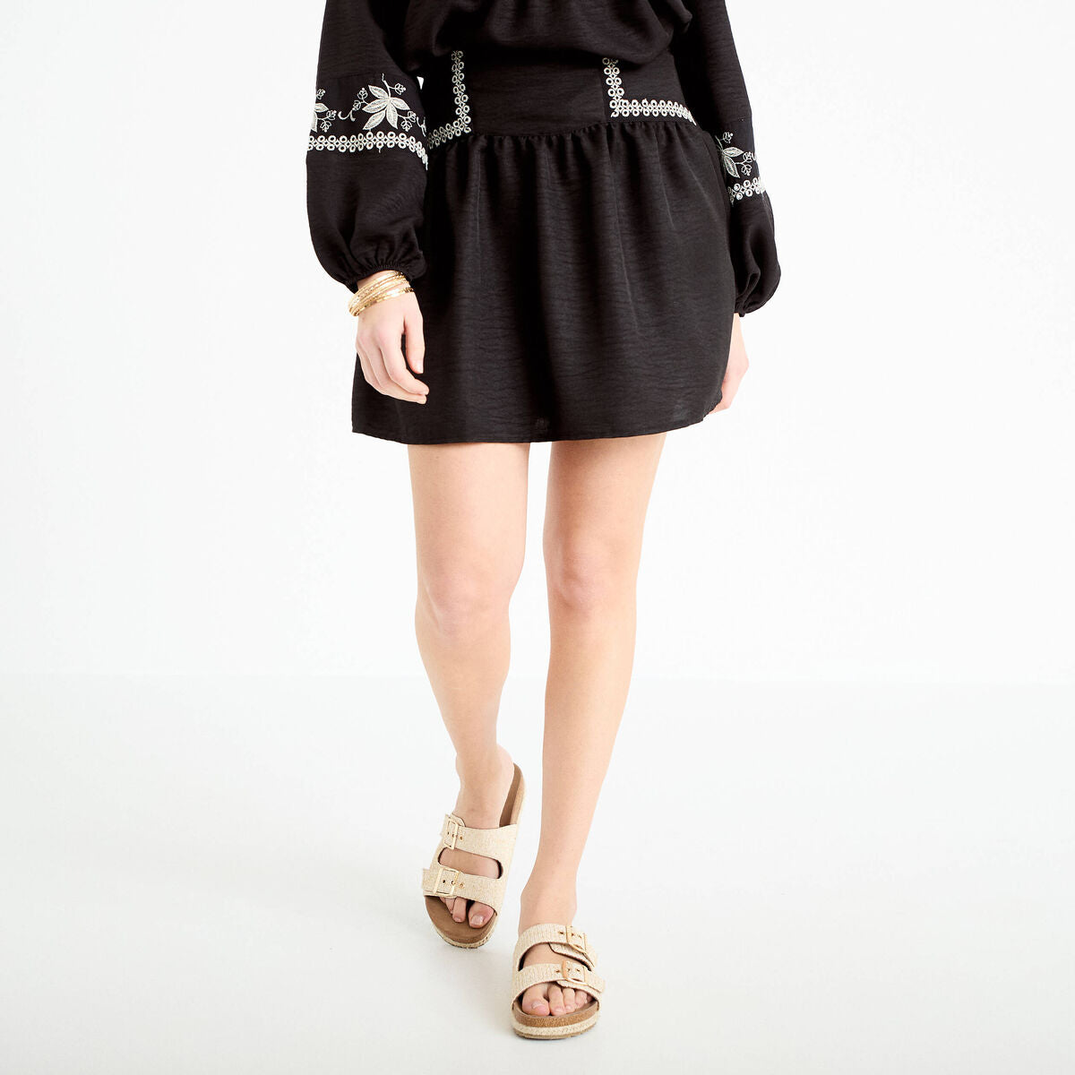 Jupe courte évasée taille haute noir femme