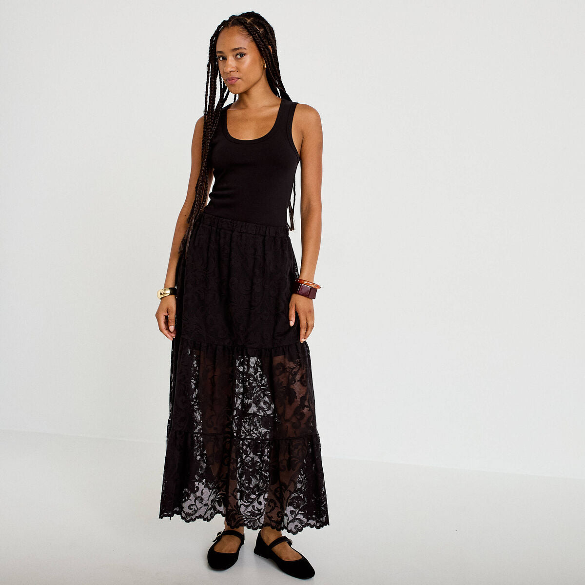 Jupe évasée longueur 3/4 dentelle noir femme