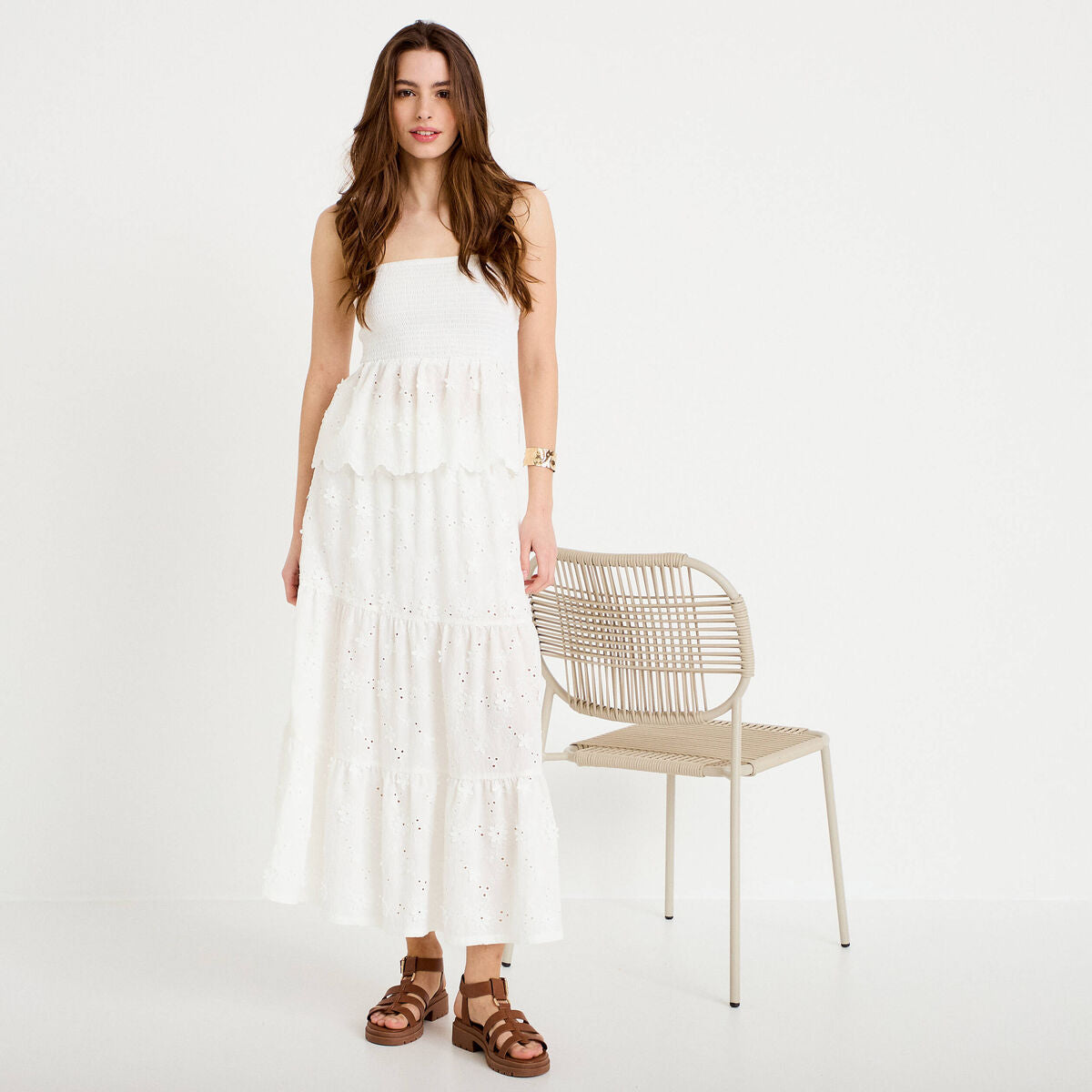 Jupon long évasé avec broderie blanc femme