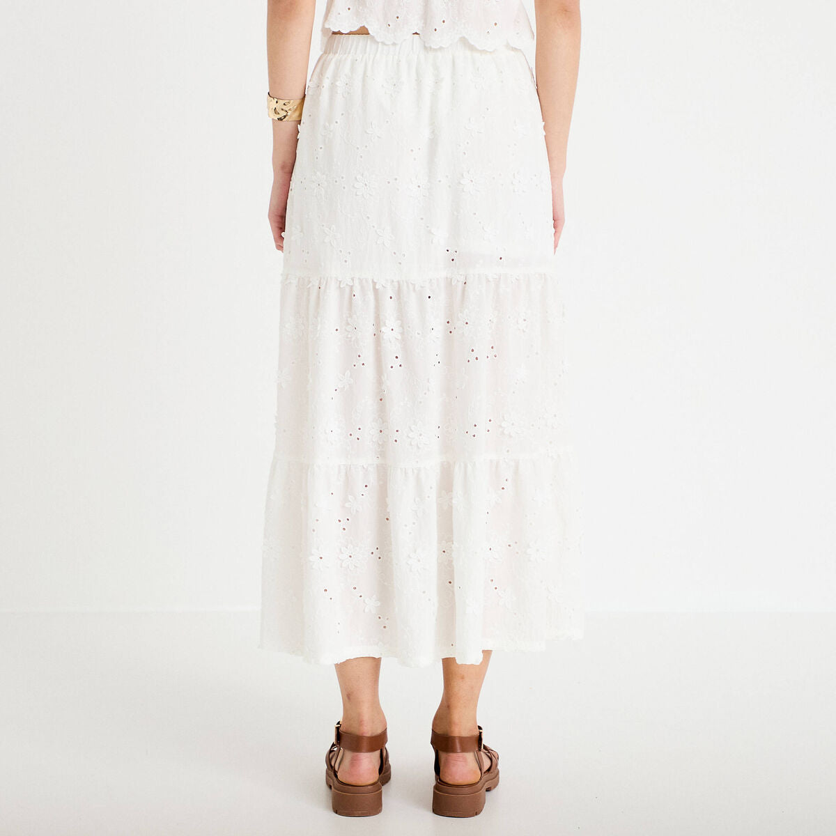 Jupon long évasé avec broderie blanc femme
