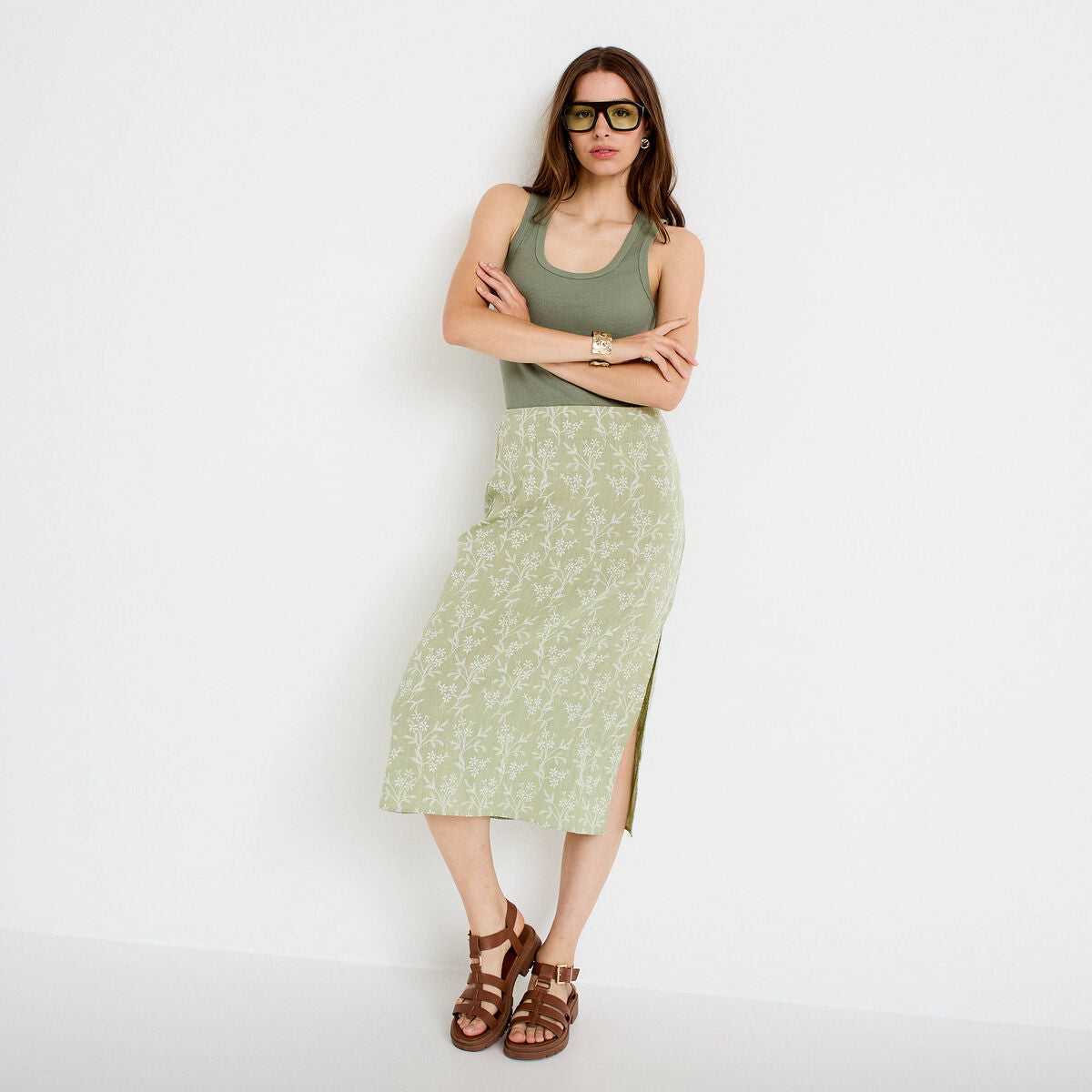 Jupe évasée longueur 3/4 vert femme