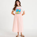 Jupe longue évasée taille haute rose femme
