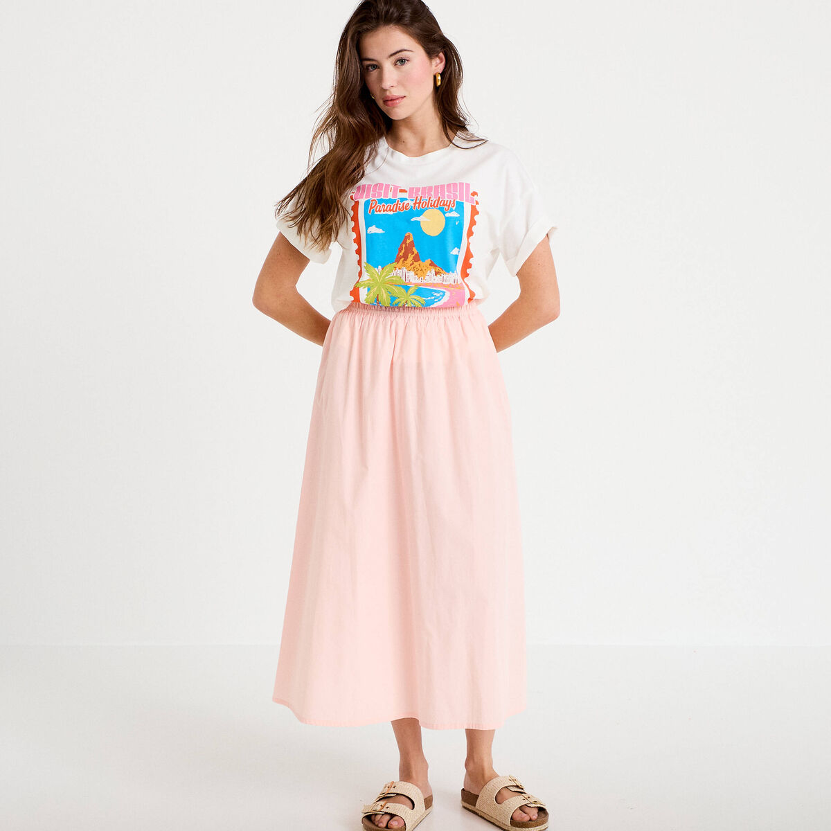 Jupe longue évasée taille haute rose femme