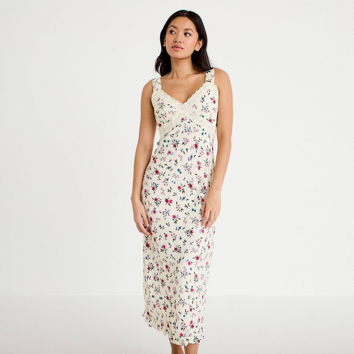 Robe décolleté bretelles aspect dentelle beige clair femme