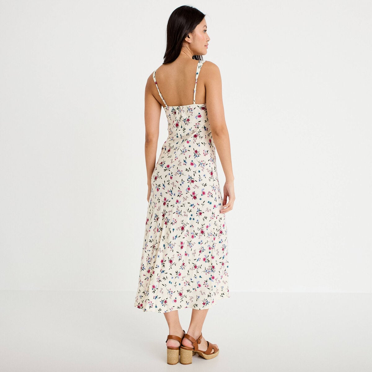 Robe décolleté bretelles aspect dentelle beige clair femme