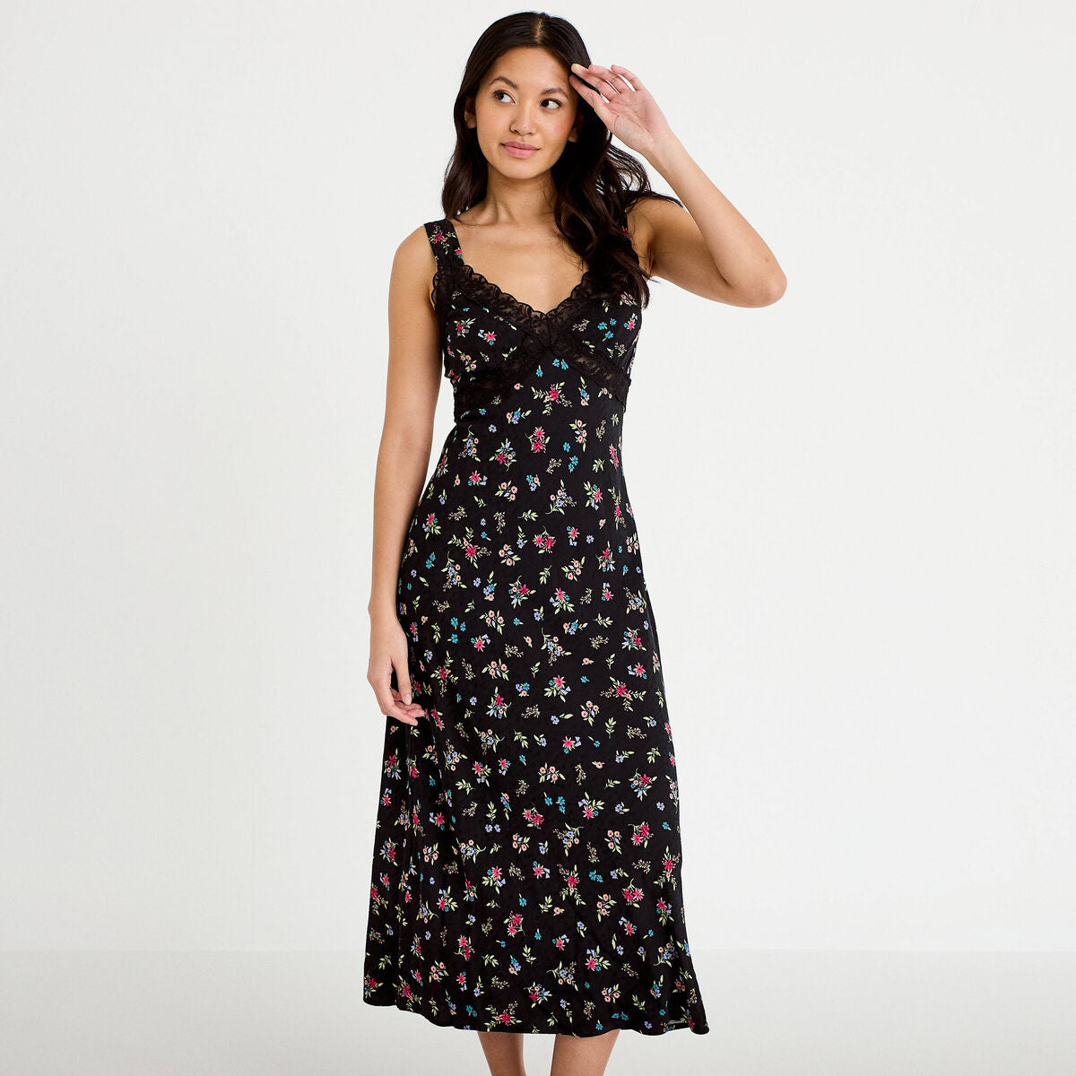 Robe décolleté bretelles aspect dentelle noir femme