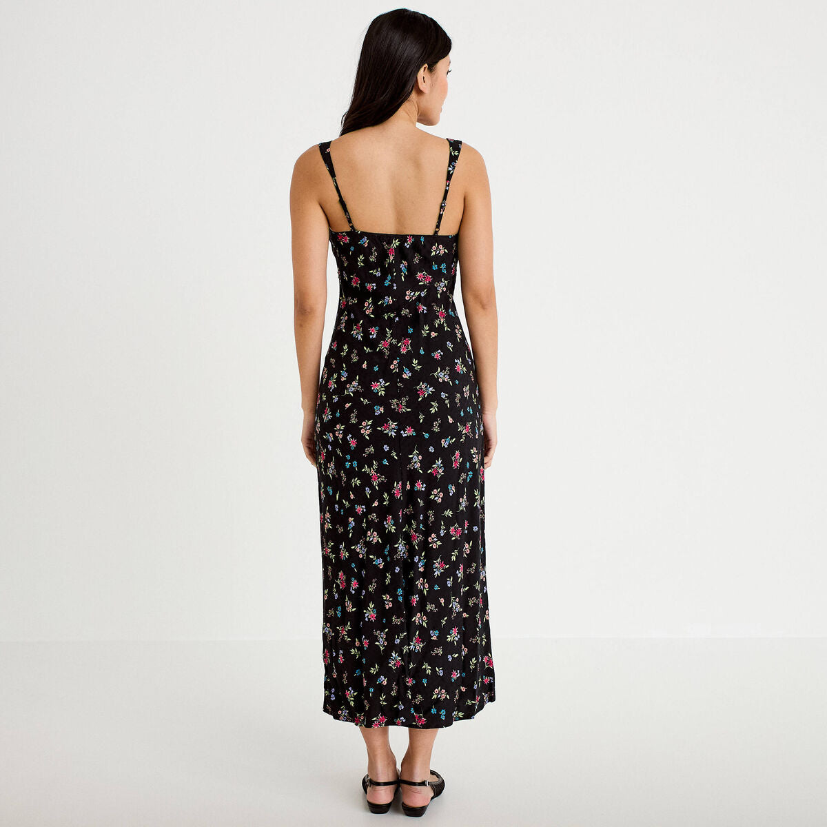Robe décolleté bretelles aspect dentelle noir femme
